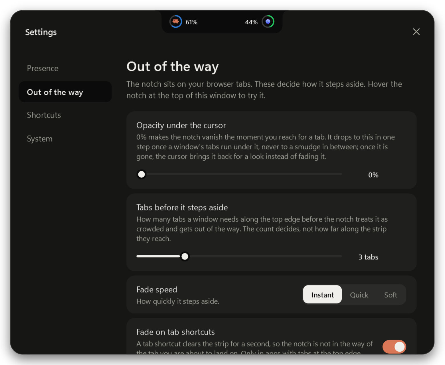 Notchy settings, Out of the way page: opacity under the cursor, fade speed, fade on tab shortcuts, how the panel opens
