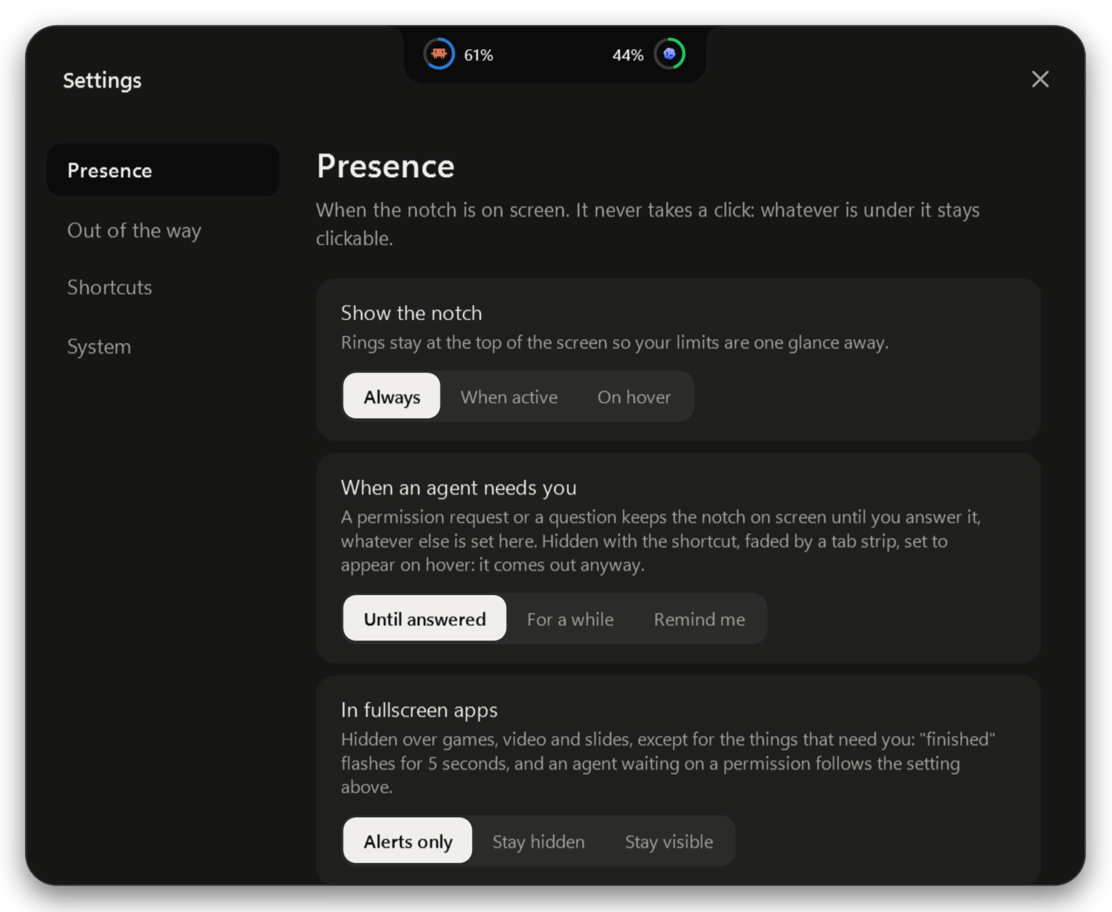 Notchy settings, Presence page: show the notch always, when active or on hover; behaviour in fullscreen apps; hide from screen share